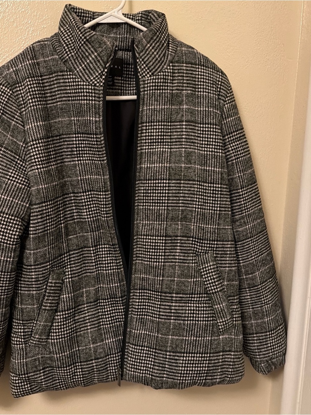 Tribal Gray and Black Plaid Puffer Jacket